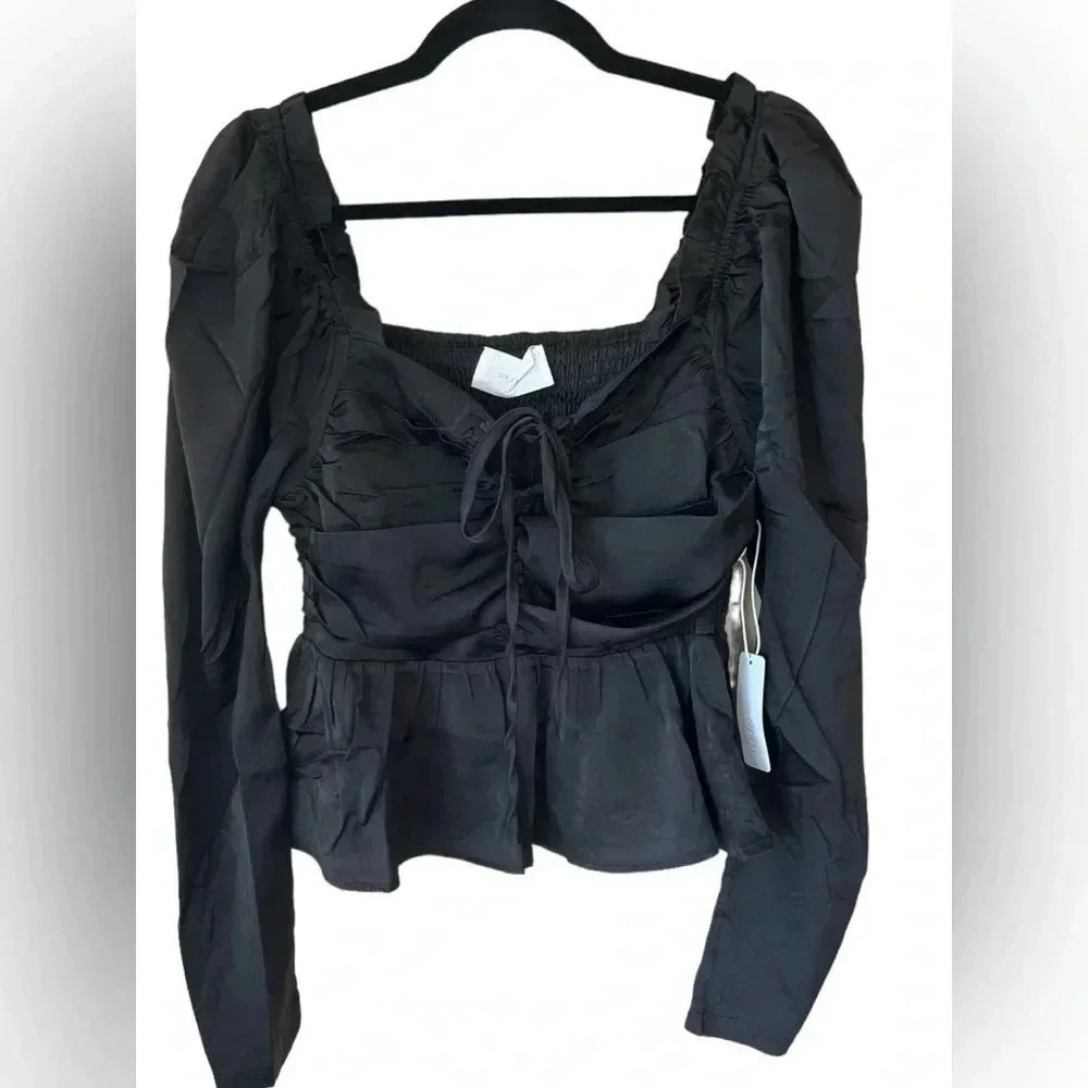 Six/Fifty Women's The Rudy Long Sleeve Ruched Peplum Blouse Top Size Small